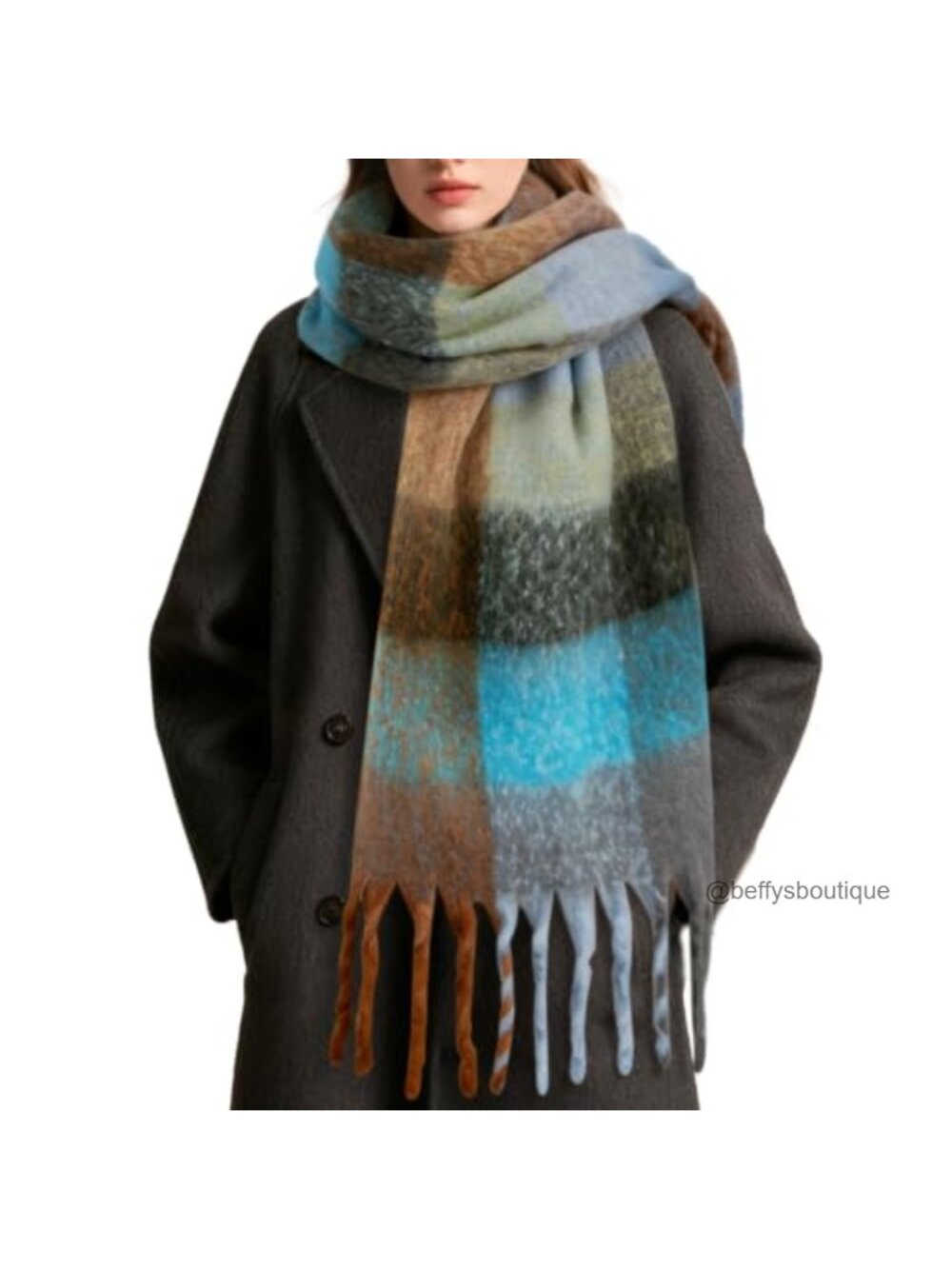Oversized Chunky Plaid Scarf with Tassels for Women Winter